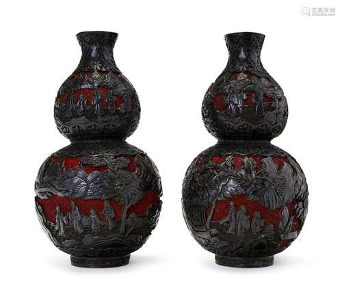 A PAIR OF CHINESE CINNABAR LACQUER DOUBLE GUORD VASES, QING ...