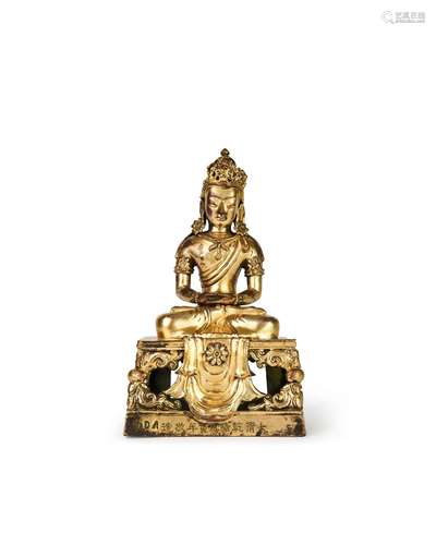 A SINO TIBETAN GILT BRONZE BUDDHA OF AMITAYUS, QIANLONG MARK...