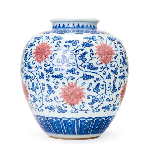 A LARGE BLUE AND WHITE \'LOTUS\' JAR WITH UNDERGLAZE COPPER ...