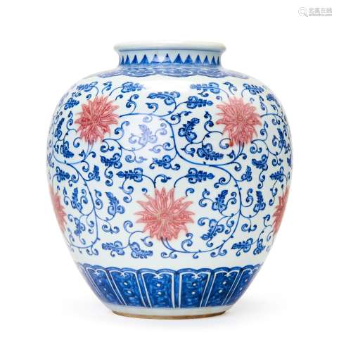 A LARGE BLUE AND WHITE \'LOTUS\' JAR WITH UNDERGLAZE COPPER ...