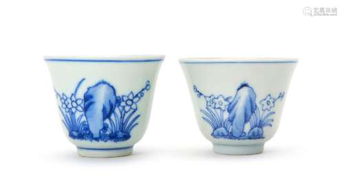A NEAR PAIR OF TWO CHINESE BLUE & WHITE WINE CUPS, GUANG...
