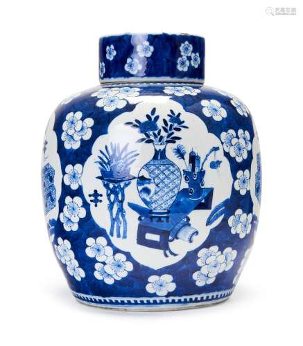 A LARGE CHINESE BLUE & WHITE PRUNUS GINGER JAR, QING DYN...