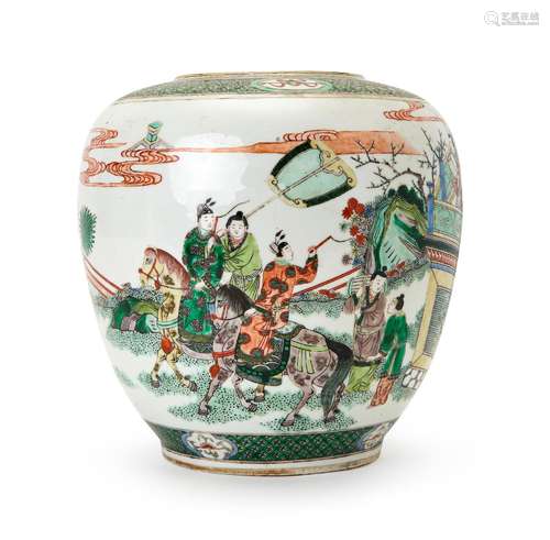 A LARGE CHINESE FAMILLE VERTE FIGURAL JAR, QING DYNASTY (164...