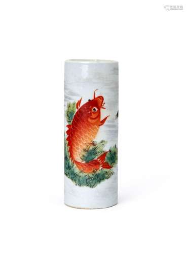 A CHINESE MINIATURE IRON RED CARP FISH SLEEVE VASE, REPUBLIC...