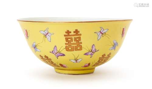 A CHINESE FAMILLE ROSE YELLOW GROUND BUTTERFLY BOWL, QING DY...