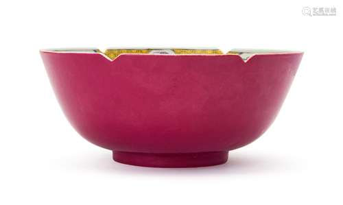 A CHINESE PINK GROUND FAMILLE ROSE BOWL, QING DYNASTY (1644-...