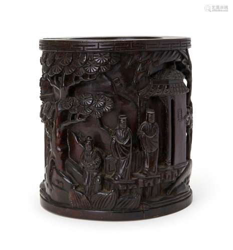 A CARVED CHINESE ROSE WOOD BITONG, BRUSH POT, QING DYNASTY (...