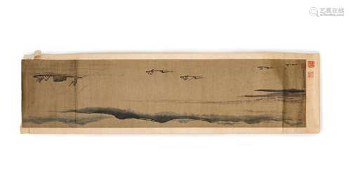 A CHINESE SCROLL PAINTING DEPICTING FISHERMAN ON THE SEA WIT...