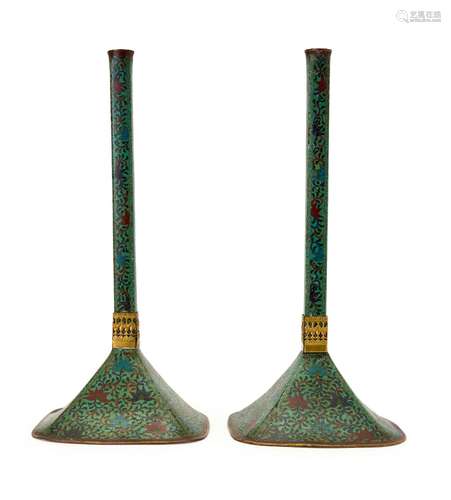 A PAIR OF CHINESE CLOISONNE CANDLESTICKS, MING DYNASTY (1368...