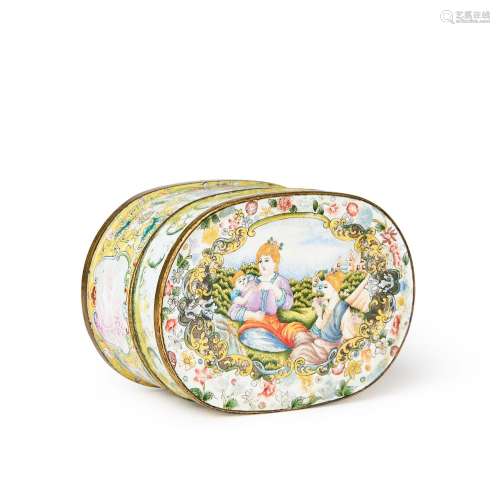 A CHINESE CANTON ENAMEL ENAMEL OVAL BOX WITH EUROPEAN LOVER ...