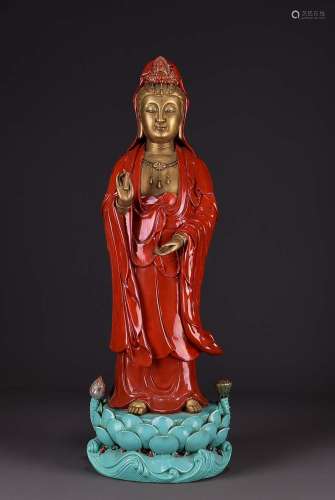 旧藏清雍正雕塑红釉鎏金心经观音供奉造像