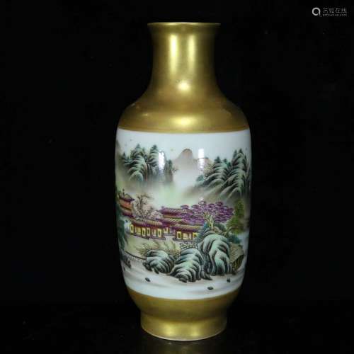 旧藏珐琅彩鎏金山水纹瓶