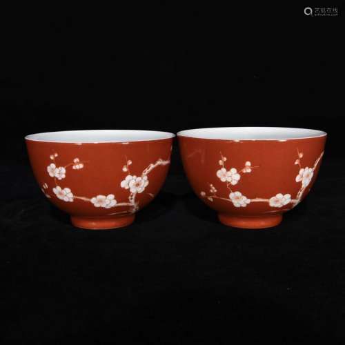旧藏清雍正矾红留白梅花纹碗