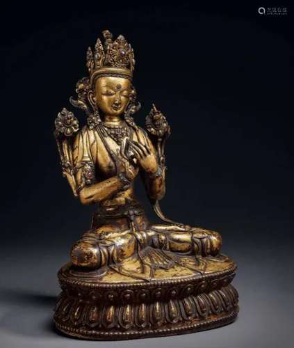 西藏十六/十七世纪 铜鎏金镶宝石弥勒佛坐像