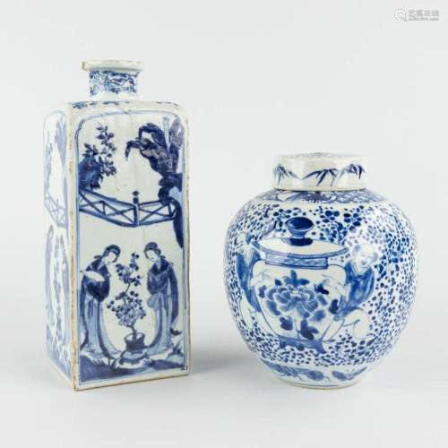 A Chinese vase with a blue-white decor, probably Kangxi, add...