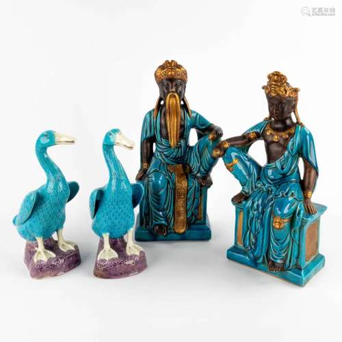 A pair of Temple guards and a pair of geese, glazed stonewar...