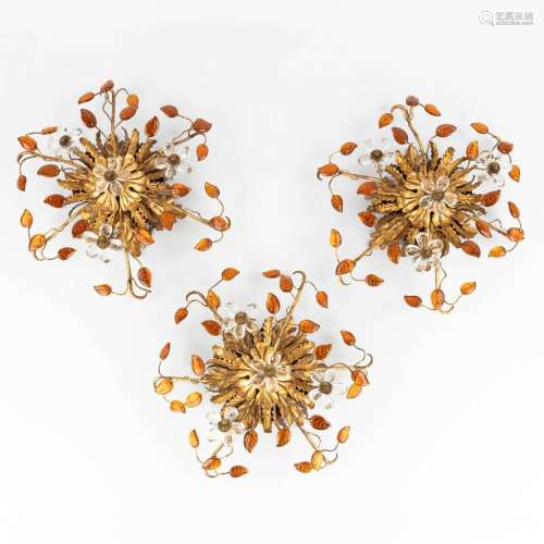 Three identical ceiling lamps with flowers and leaves, glass...