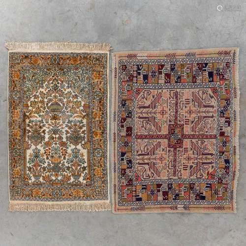 Two Oriental hand-made carpets. Zijde, Kashimir & Qushan...