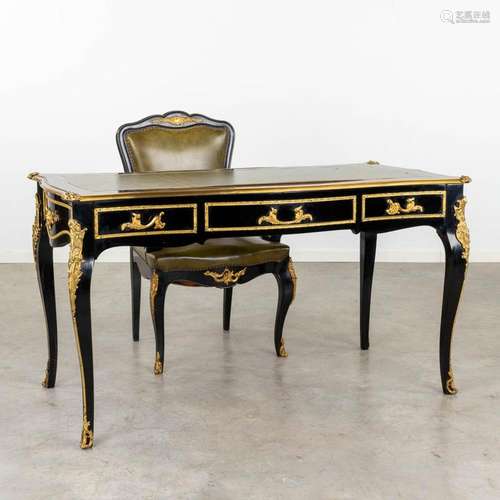 A desk with matching armchair, lacquered and bronze mounted ...