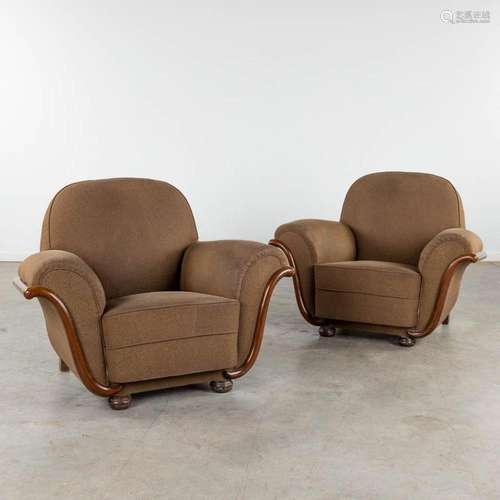 A pair of club sofa's, fabric and wood, circa 1940. (D:8...