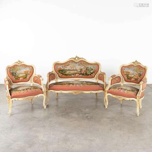 A three-piece salon set, Louis XV style finished with embroi...