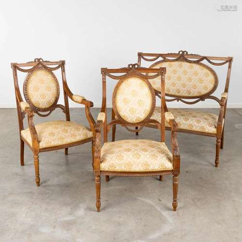 A three-piece salon suite, sculptured wood, Louis XVI style....