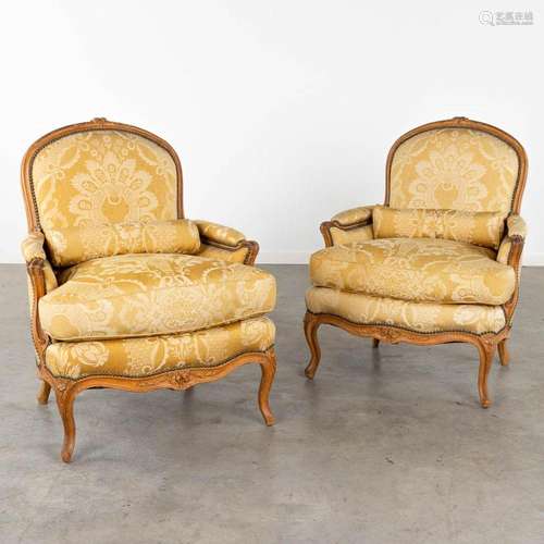 A pair of 'Bergère' armchairs, Louis XV, reupholster...