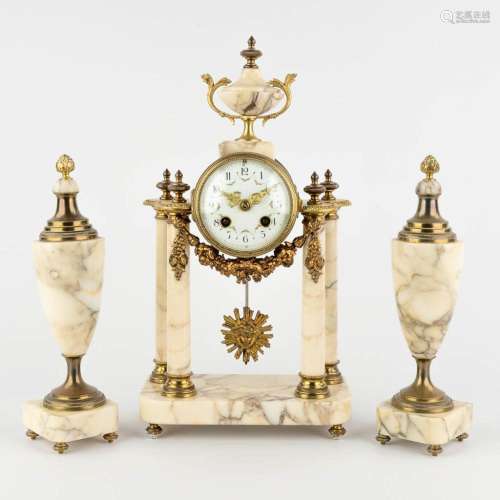 A three-piece mantle garniture clock and cassolettes, marble...