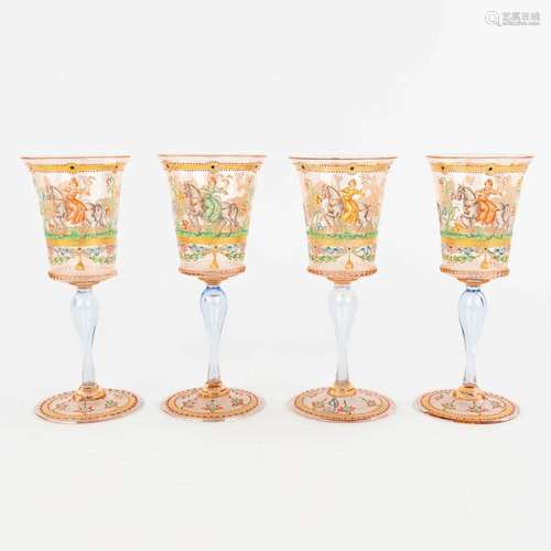 A set of 4 hand-painted and antique goblets, Murano, Salviat...