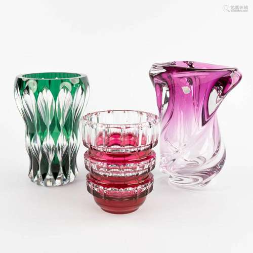 Val Saint Lambert, three coloured and crystal vases. (H:25 x...