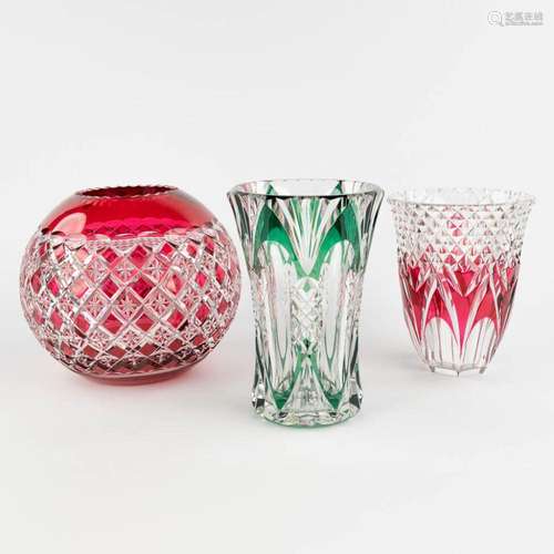 Val Saint Lambert, three cut and coloured crystal vases. (H:...