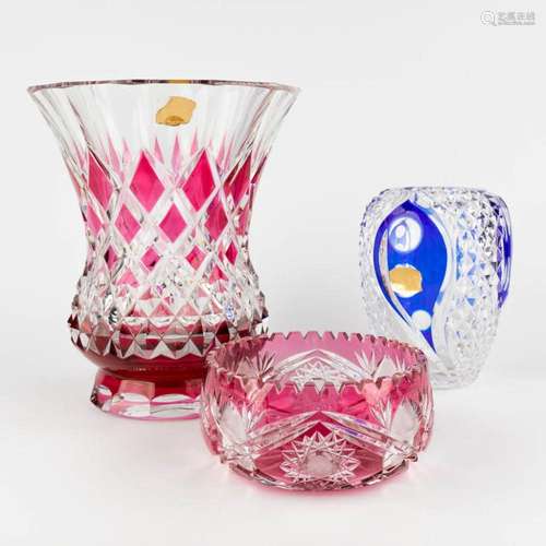 Val Saint Lambert, two cut and coloured crystal vases, added...