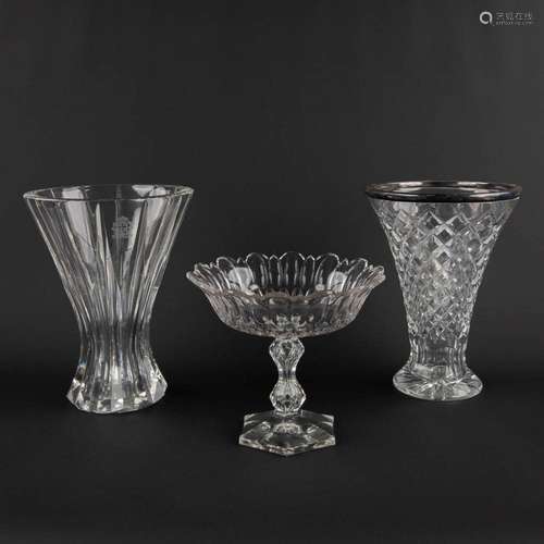 Val Saint Lambert, Two vases and a tazza, clear-cut crystal....