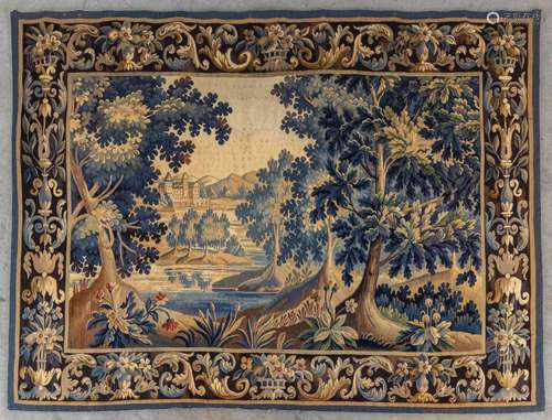 An antique 'Aubusson' tapestry, Landscape with a cas...