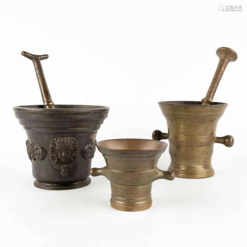 Three antique mortars with two pestles, bronze. 18th C. (H:1...