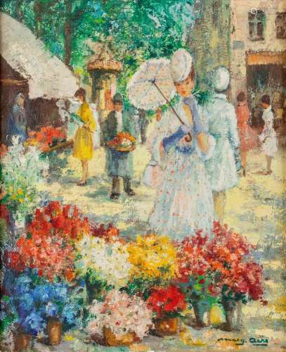 Marguerite AERS (1918-1995) 'The Flower Market' oil ...