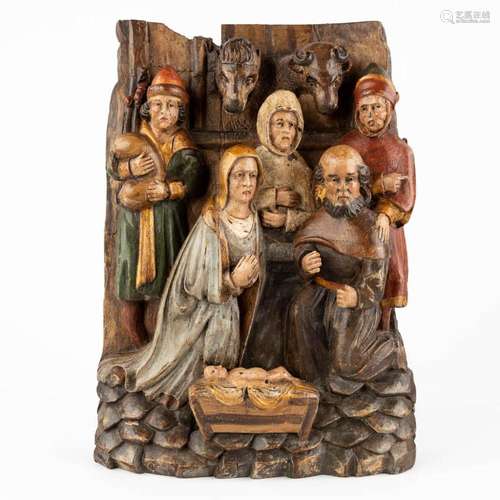 A Retable, Christmas Scène, sculptured oak with original pol...