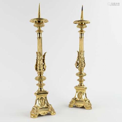 A pair of bronze church candlesticks, circa 1900. (D:14 x W:...