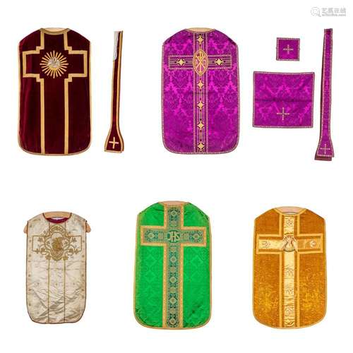 A set of 5 Roman Chasubles with two matching stola and a Cha...