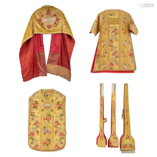 Lithurgical vestments, a Dalmatic, Roman Chasuble and Humera...
