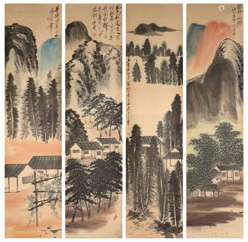 Qi Baishi Quatre panneaux avec paysage et pavillons