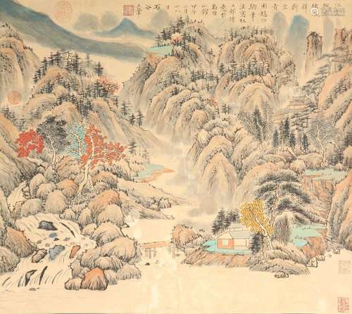 Paysage de Wang Hui avec pavillons