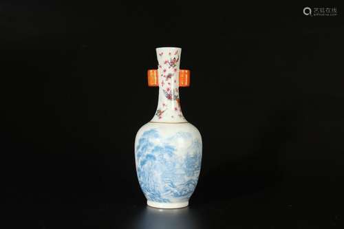 Qing Yongzheng Vase en famille rose bleu et blanc à décor de...