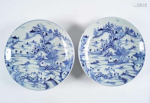 PAIR OF CHINESE BLUE & WHITE CHARGERS