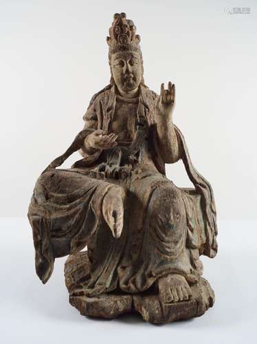 LARGE EARLY CHINESE CARVED WOOD BUDDHA