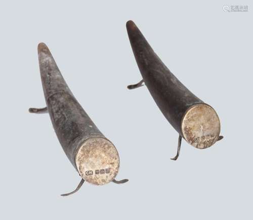 PAIR EARLY 20TH-CENTURY SILVER-MOUNTED HORNS