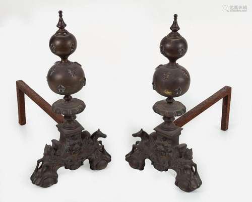 PAIR OF LARGE BARONIAL BRASS FIRE DOGS