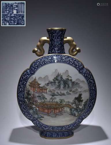 Flat bottle with pastel figures and landscape patterns on bl...