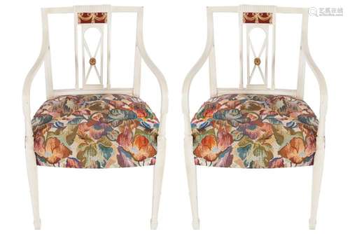 EDWARDIAN PAINTED & PARCEL-GILT ADAM ELBOW CHAIRS