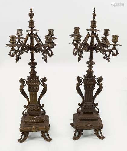 PAIR 19TH-CENTURY BRASS GOTHIC CANDELABRAS